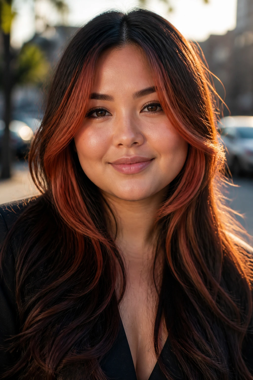 Close-up portrait with fiery russet face-framing highlights