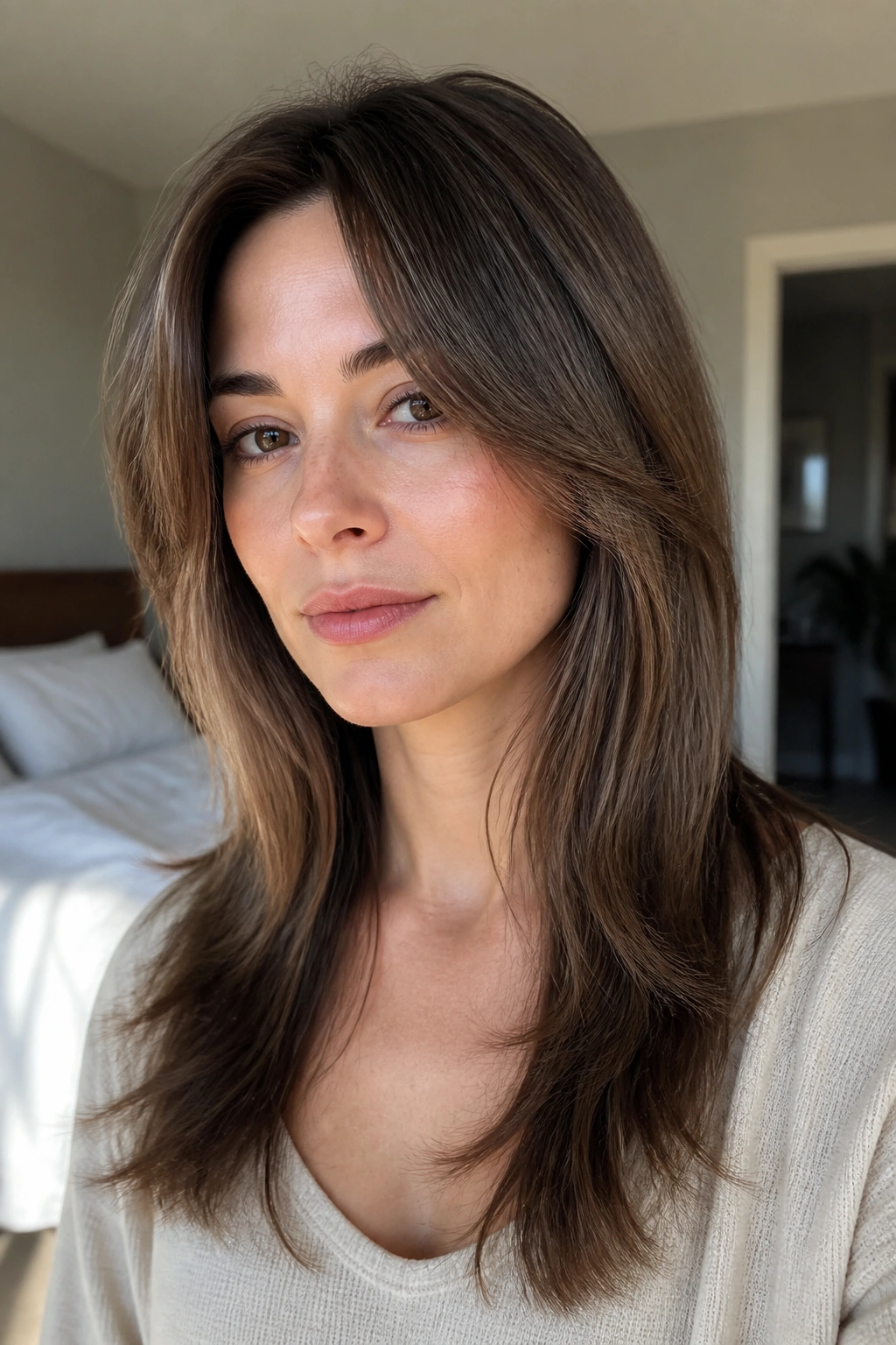 Close-up of a real woman with fine straight hair in a long shag