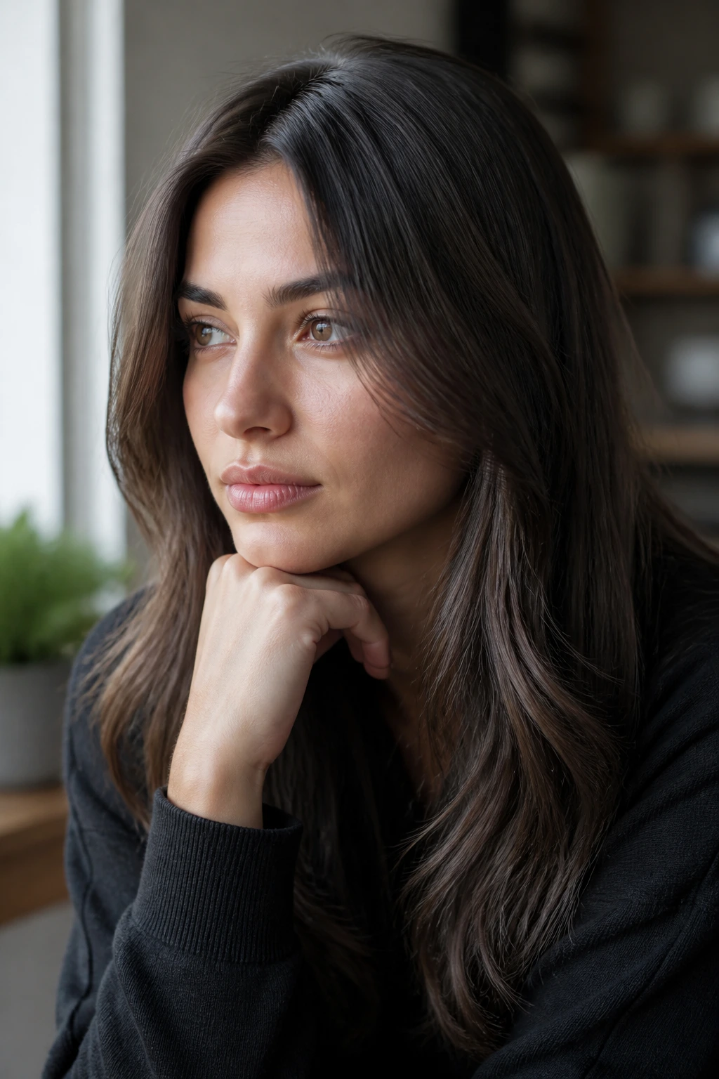 Close-up of a woman with ash-brown hair in a calm, reflective mood