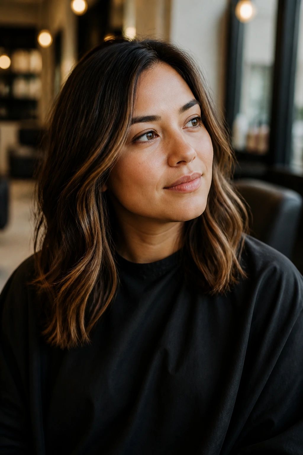 Thoughtful salon portrait reflecting final thoughts on hair color and placement