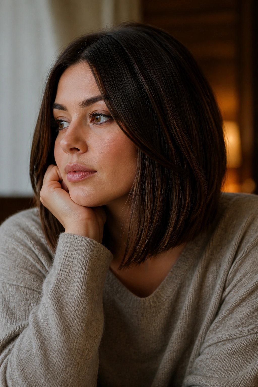 Thoughtful portrait of a woman with a long brunette bob.