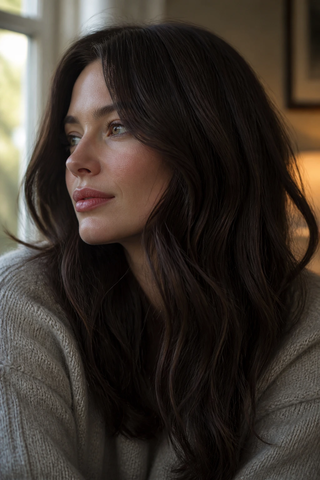 Close-up of a woman with dark brunette hair in a contemplative pose.