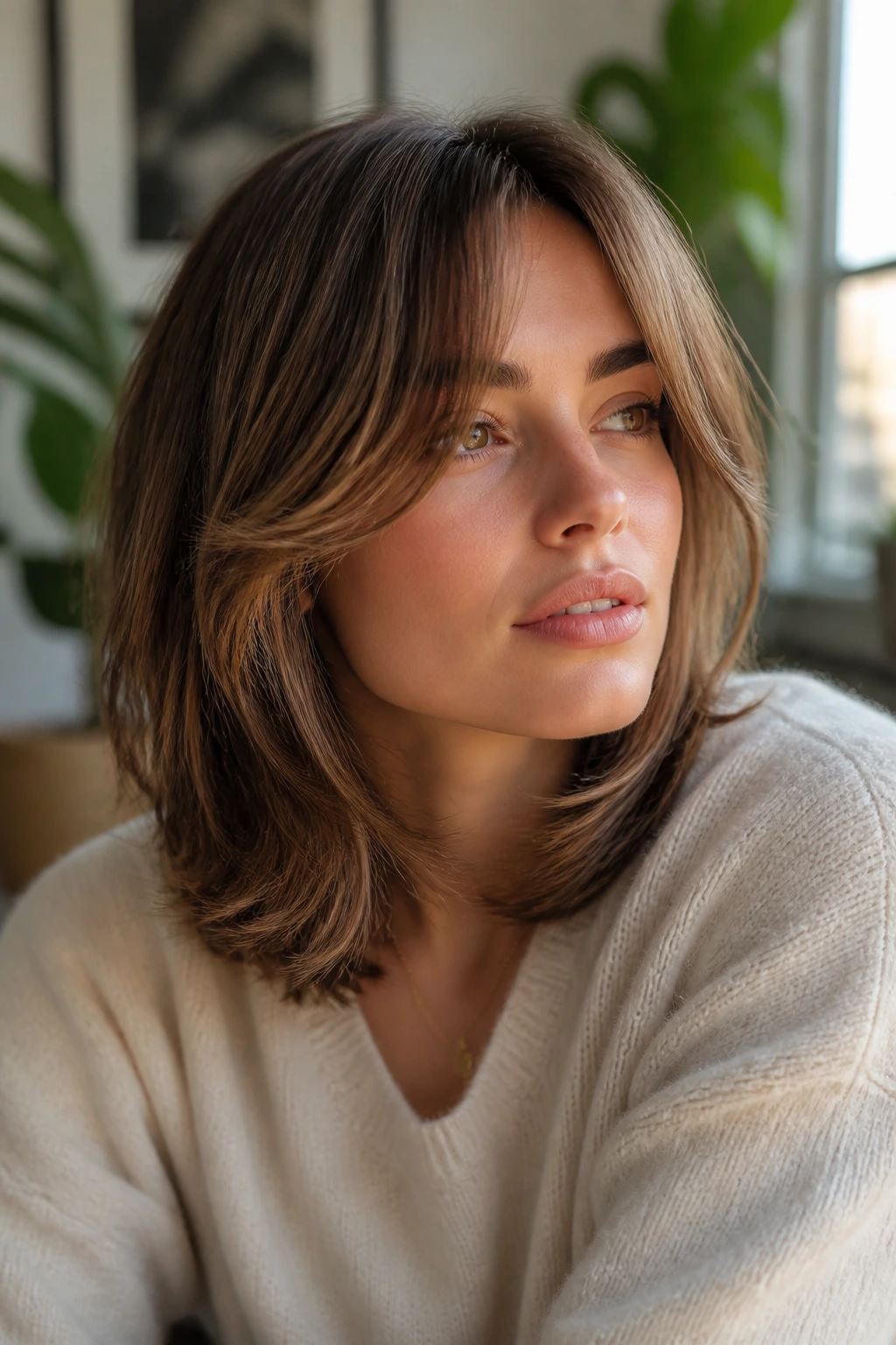 Close-up of a person with feathered hair in a thoughtful pose by a window