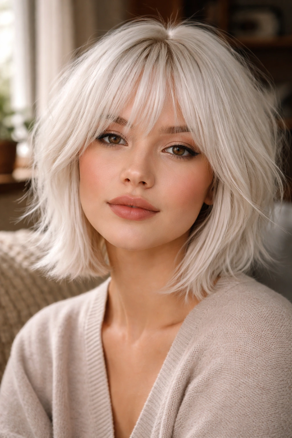 Close-up portrait of a real person with white fringe hairstyle in a cozy living room setting with natural light.