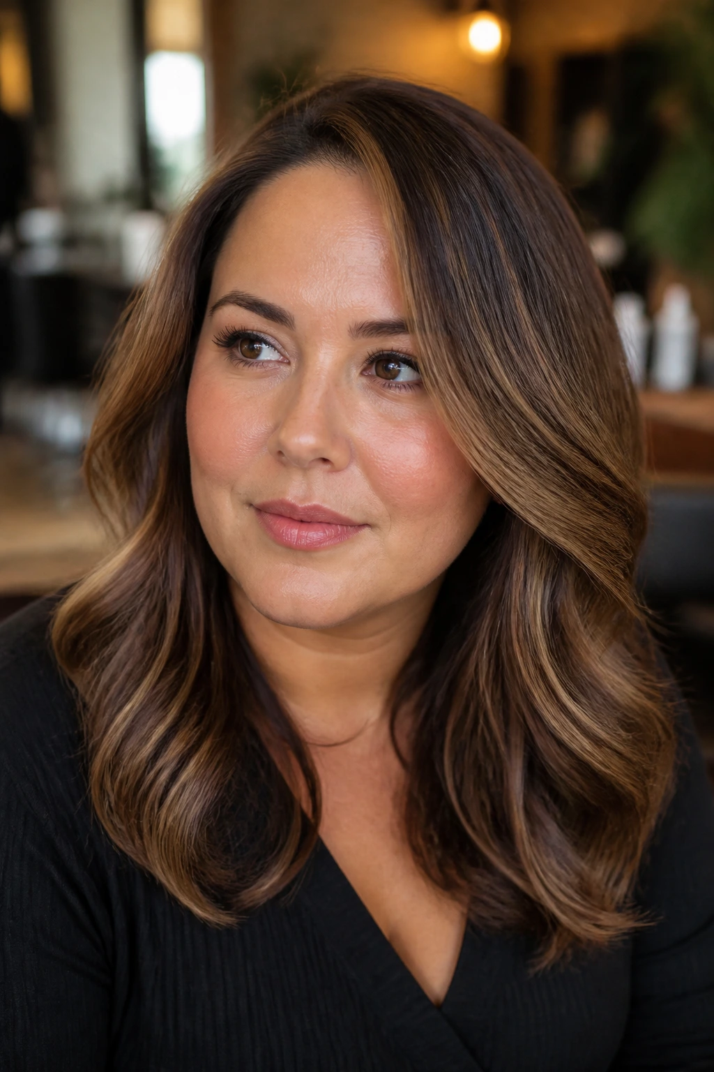 Close-up of a thoughtful woman in a salon chair