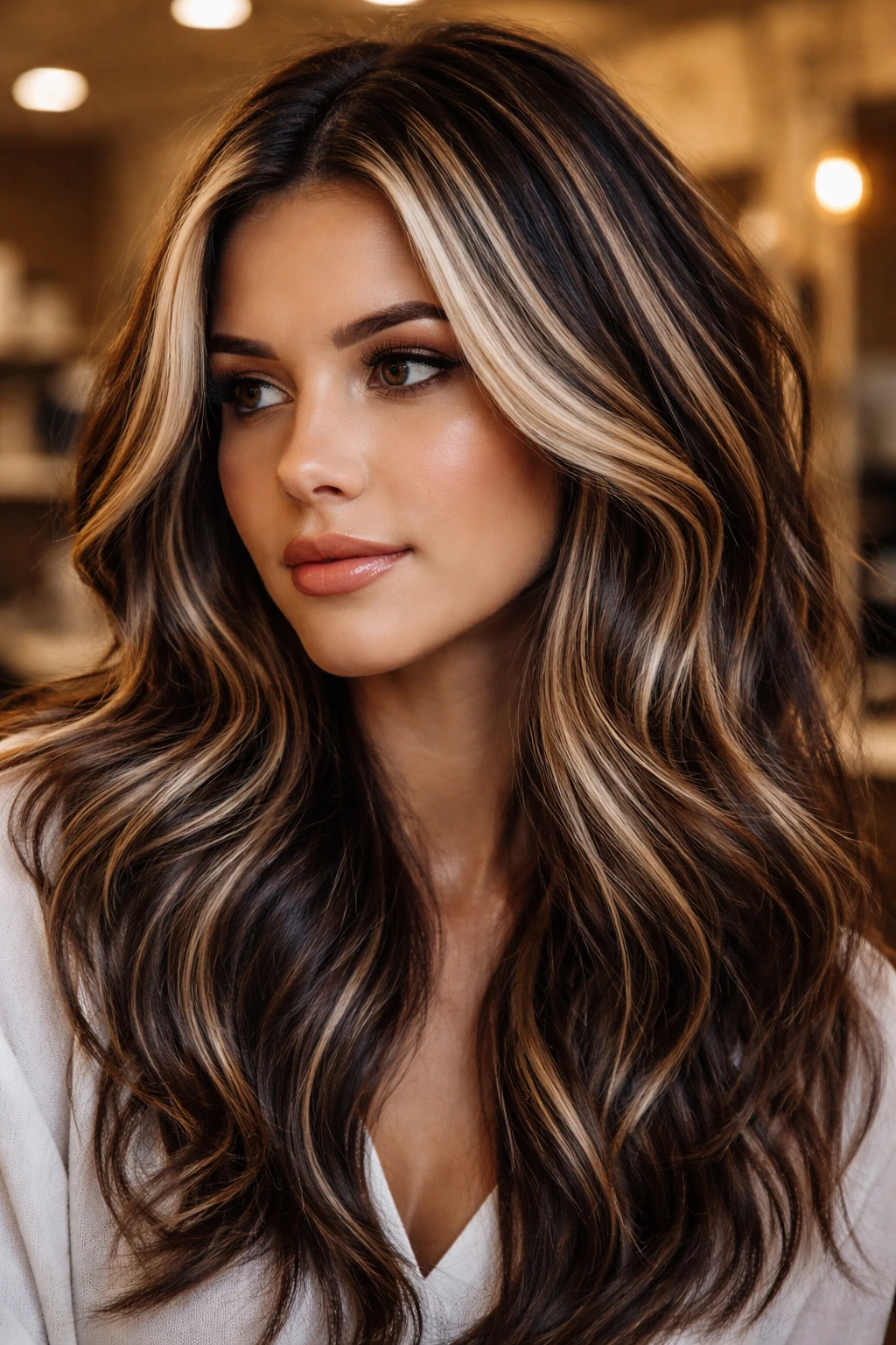 Close-up portrait of a real woman with blonde and black hair lowlights in a warm salon.