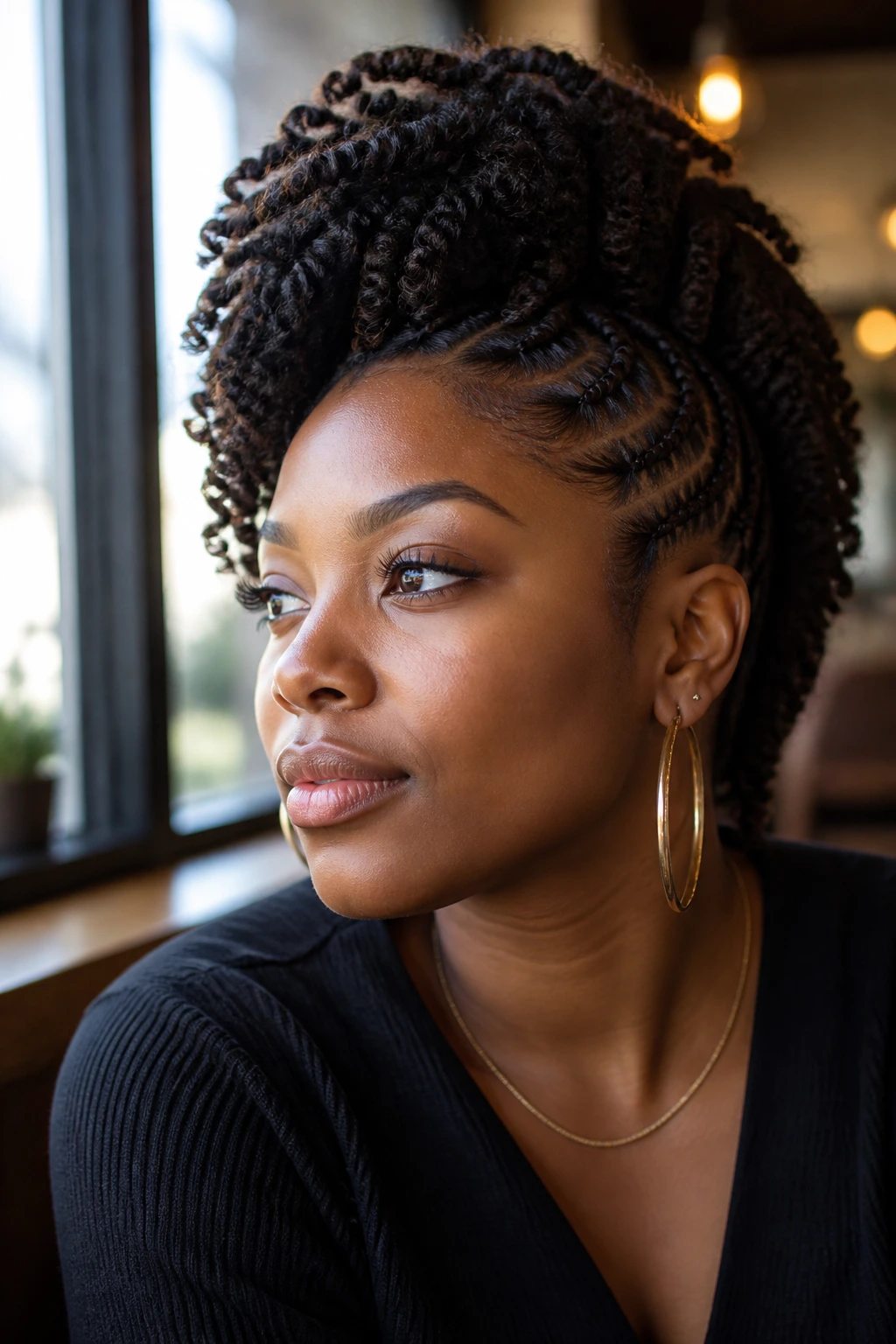 Close-up portrait of a real Black woman with a bold mohawk crochet braid hairstyle in a sunlit cafe setting, thoughtful gaze.