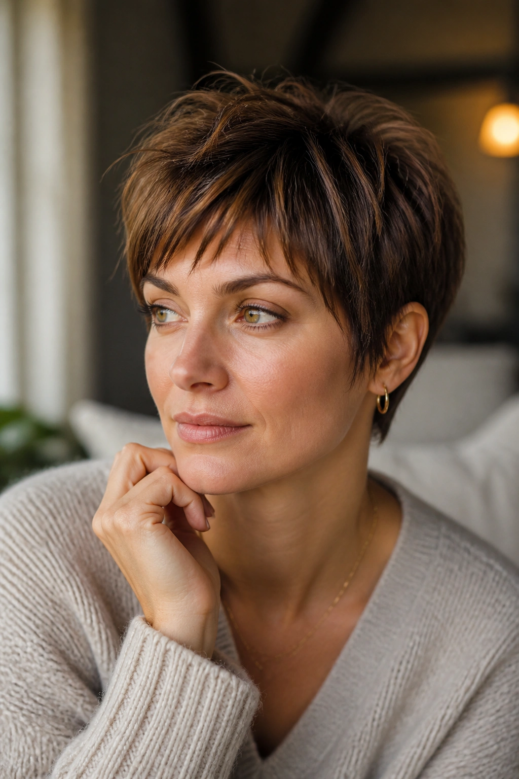 Thoughtful portrait of a real person with a chic choppy pixie hairstyle in warm indoor light