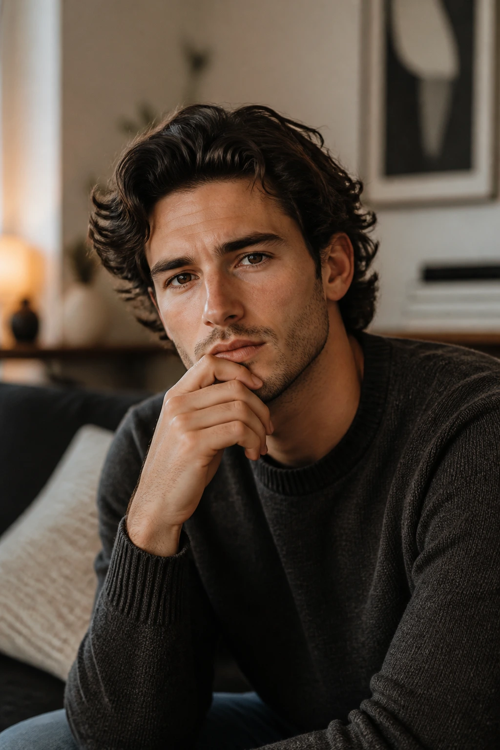 Thoughtful close-up portrait of a man in a living room