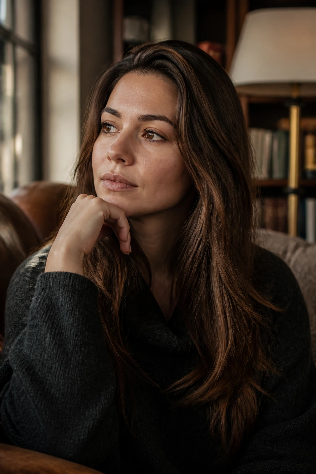 Thoughtful portrait of a real person in a warm interior space