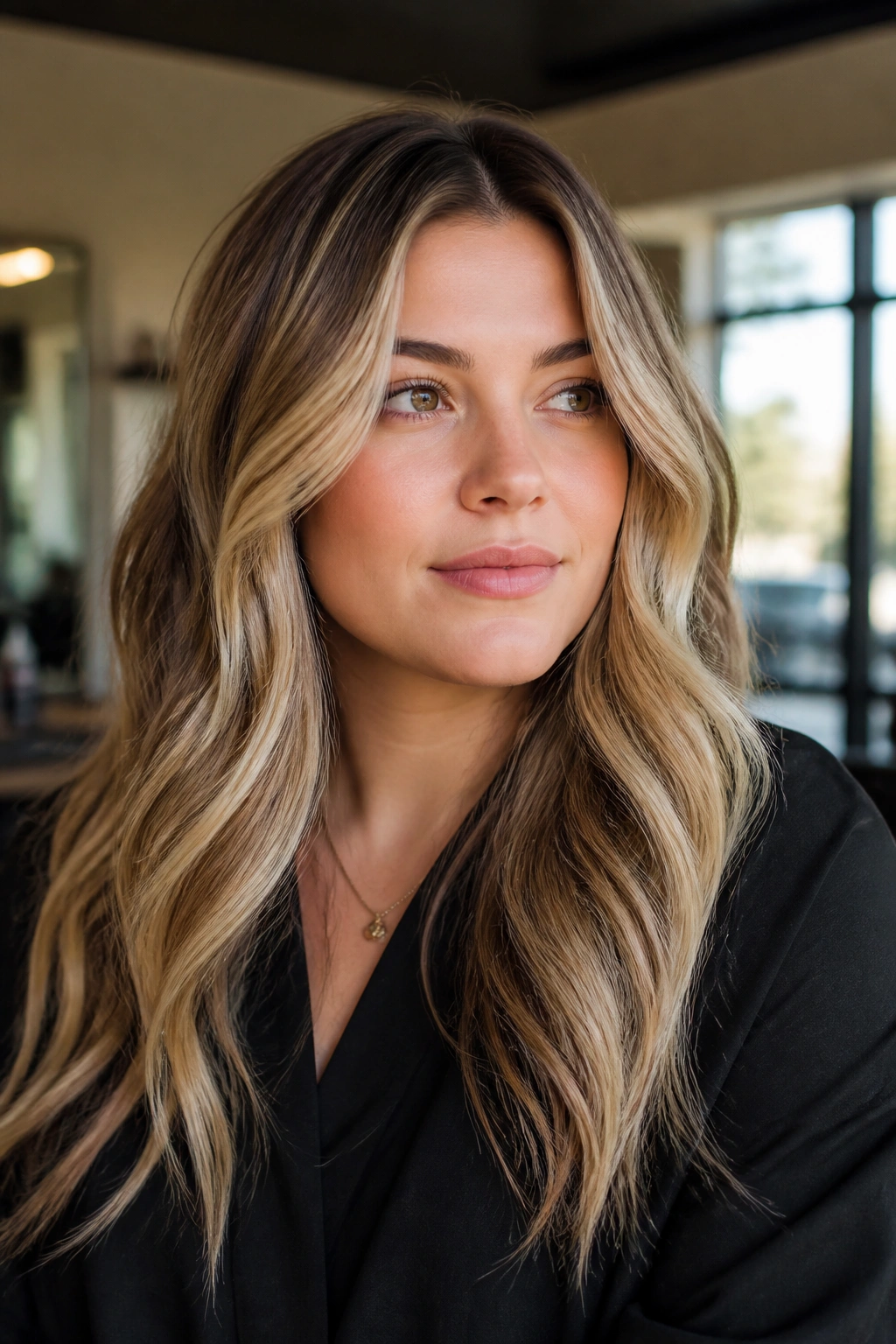 Thoughtful portrait of a real person in a calm salon with balanced hair color.
