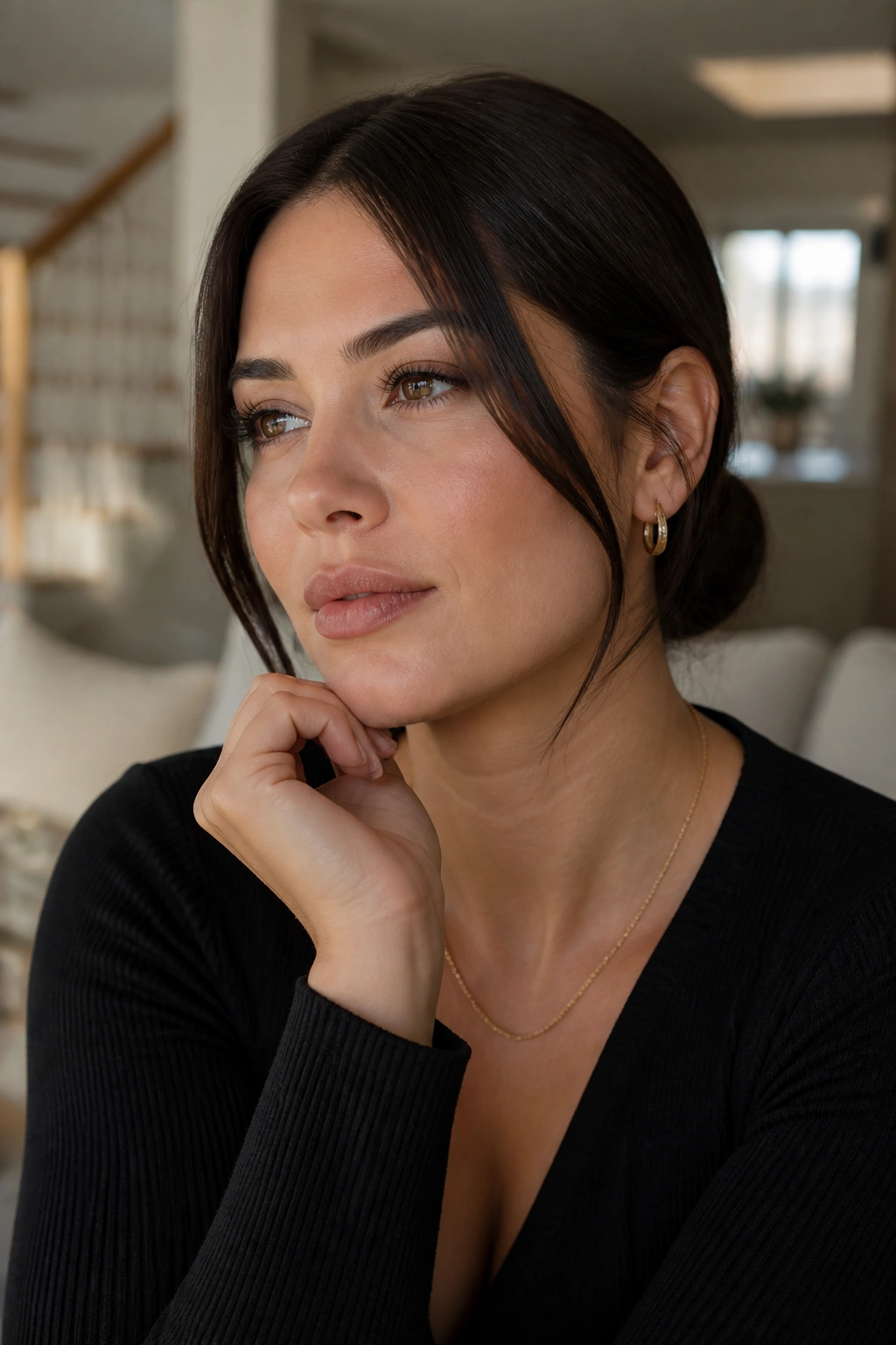 Close-up of a real person with sleek hair in a cozy room, thoughtful pose