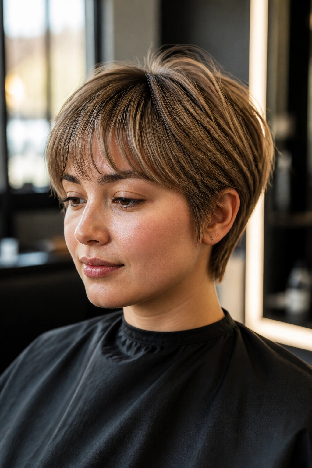 Close-up portrait of a real person with a short cropped hairstyle highlighting crown height and fringe