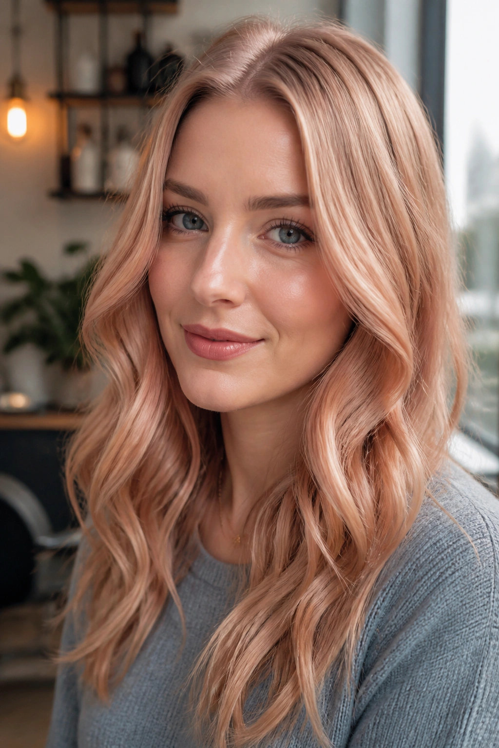 Close-up portrait of a woman with face-framing strawberry blonde shade