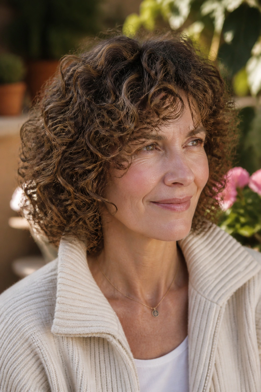 Close-up of a real person with fine curls and diffused layers following curl pattern