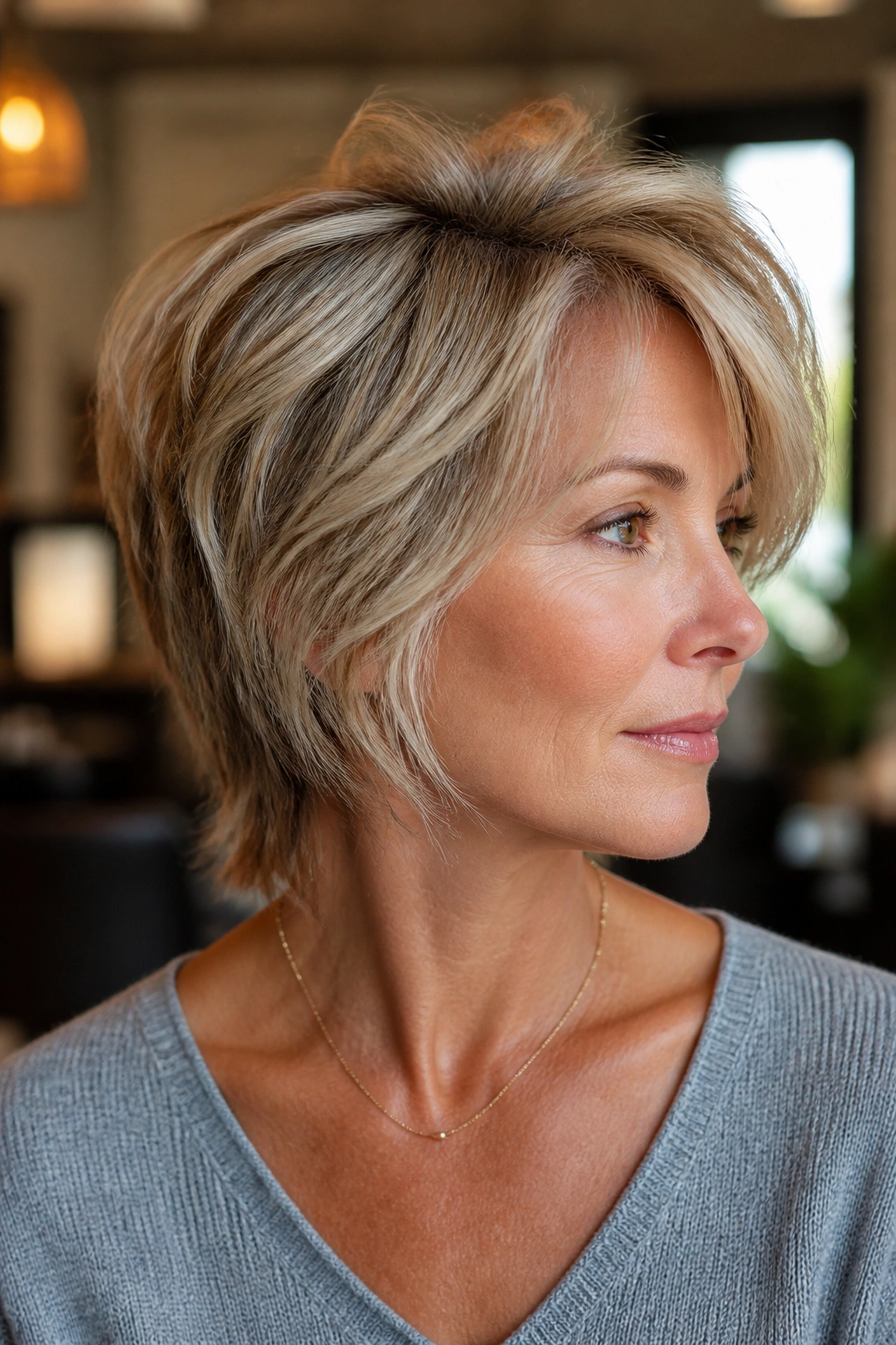 Close-up of a real woman with fine hair styled in an airy side shag with crown lift