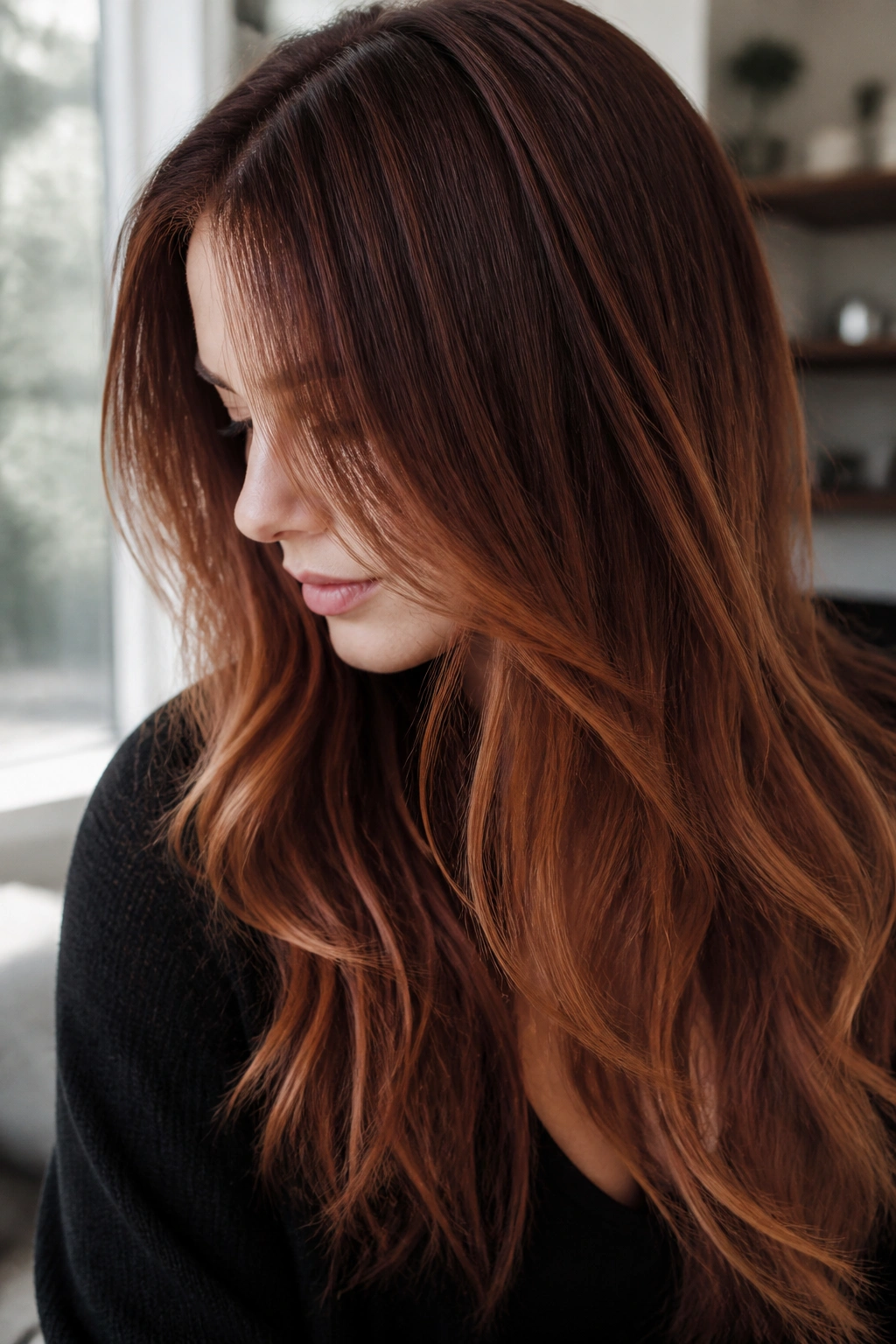Close-up of fine hair with subtle auburn ombre on a real person