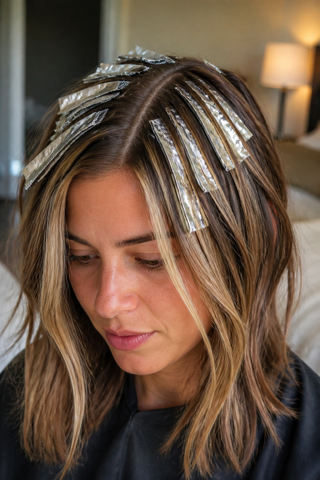 Close-up of fine hair with delicate baby foils around part and face framing on a real person