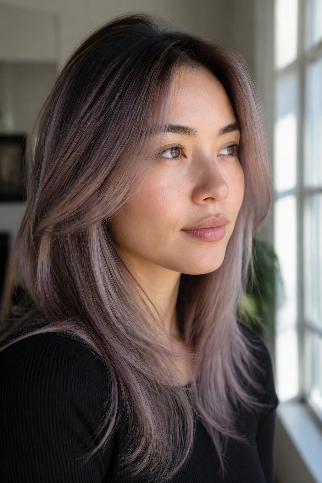 Close-up of fine hair with airy lilac-brown babylights and soft root shadow on a real person