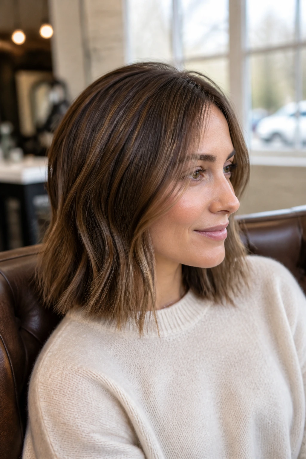 Close-up portrait of fine hair with micro ribbons balayage on a real person