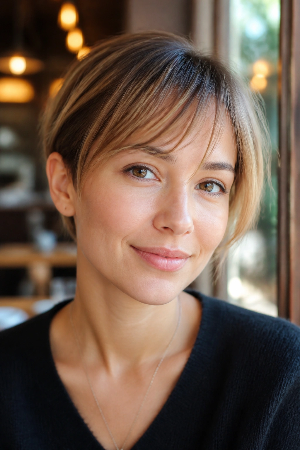 Close-up of a real woman with fine, airy bangs keeping ends light.