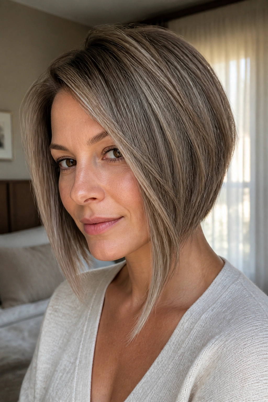 Close-up portrait of a real woman with fine-hair asymmetrical bob featuring airy crown layers and a longer front piece