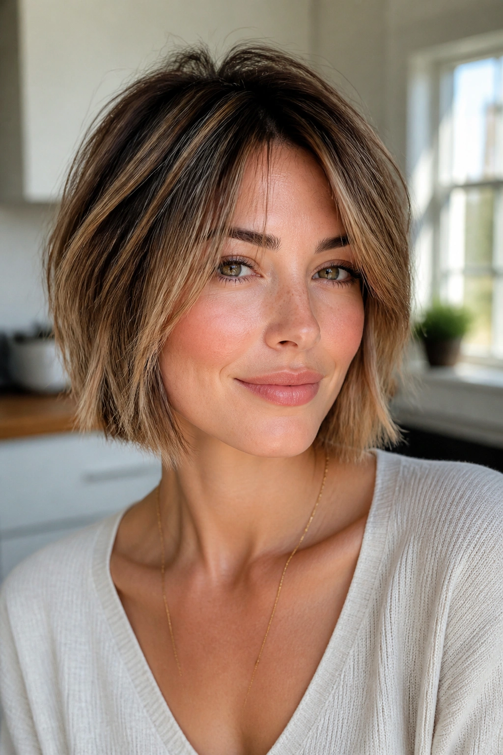 Portrait of a woman with choppy cut for fine hair showing crown lift