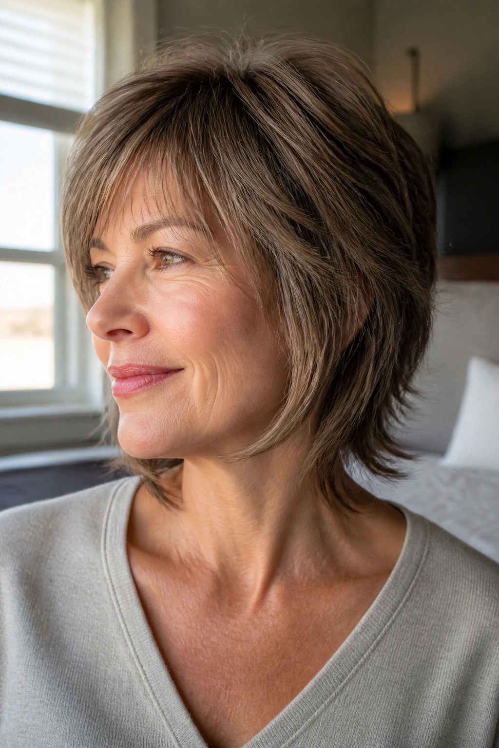Close-up portrait of a real woman with fine-hair shag and crown lift.