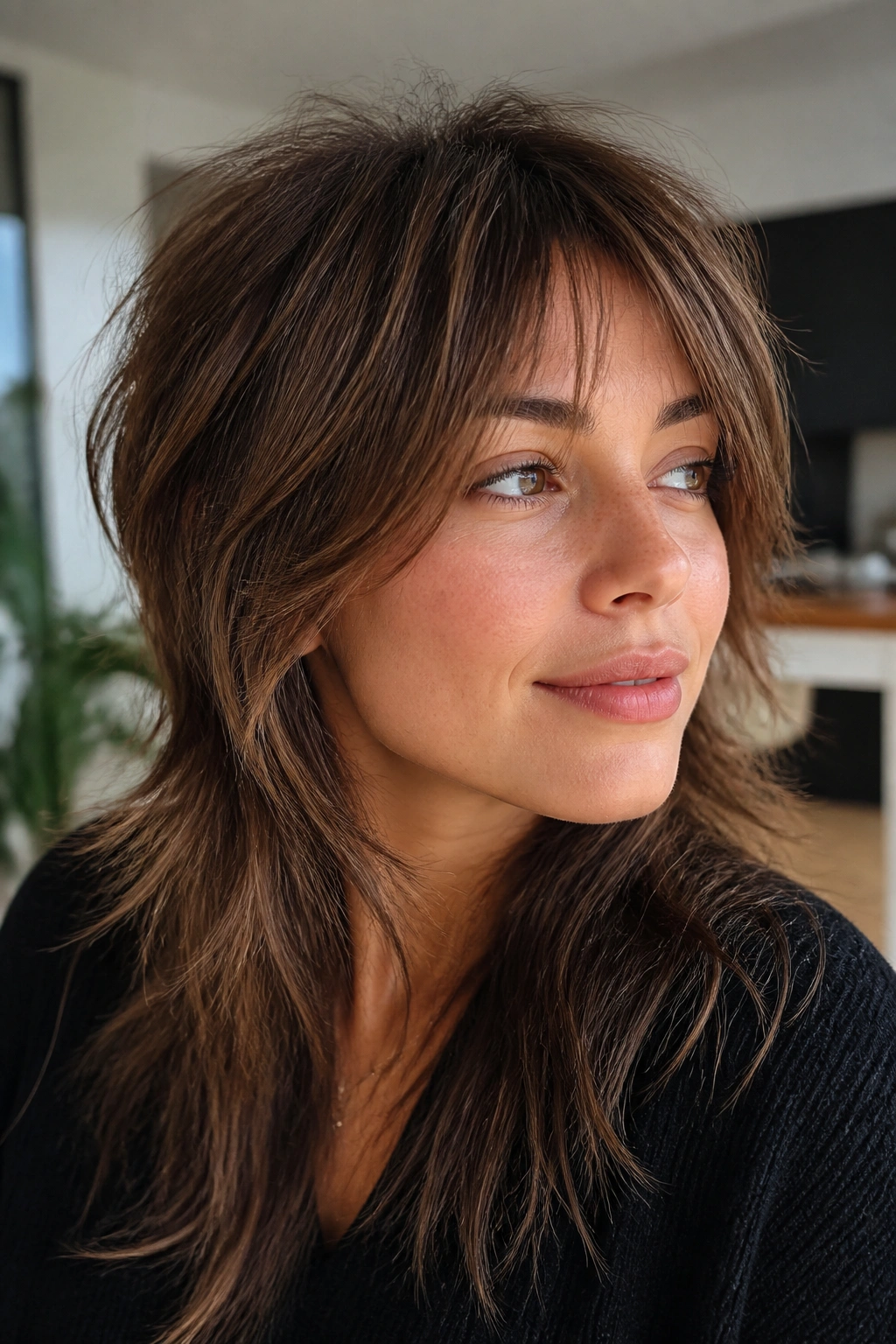 Close-up portrait of a real person with fine-hair shag and shorter crown layers.