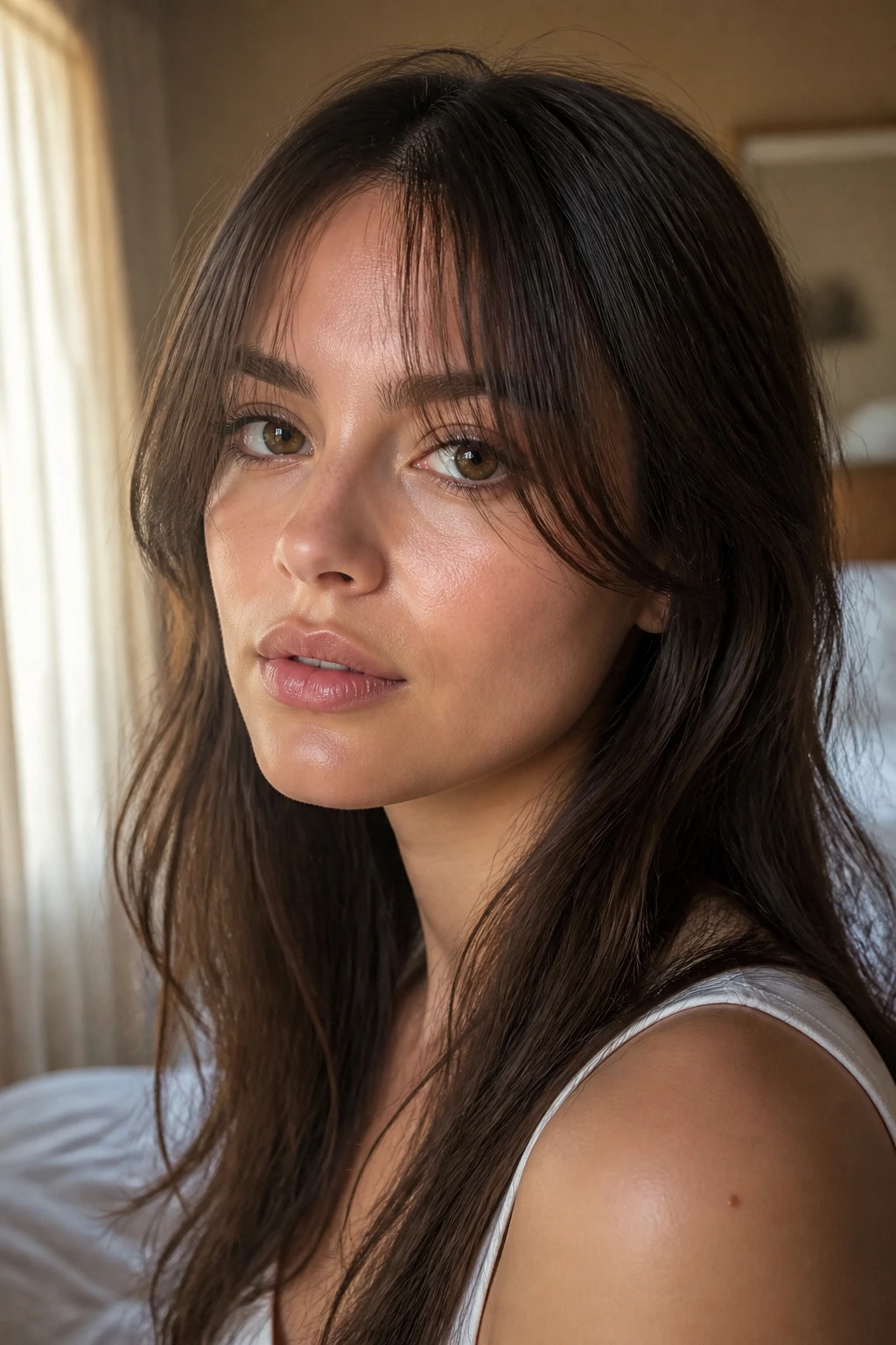 Close-up of a real woman with fine-hair curtain bangs in warm natural window light