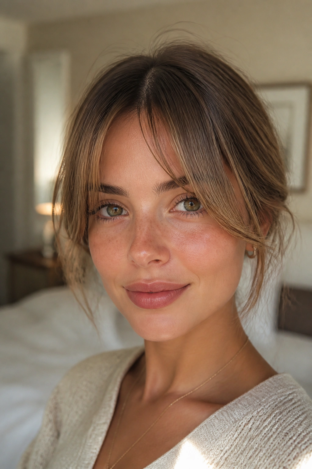 Close-up portrait of a real woman with fine hair curtain bangs that are airy and light, in natural window light.