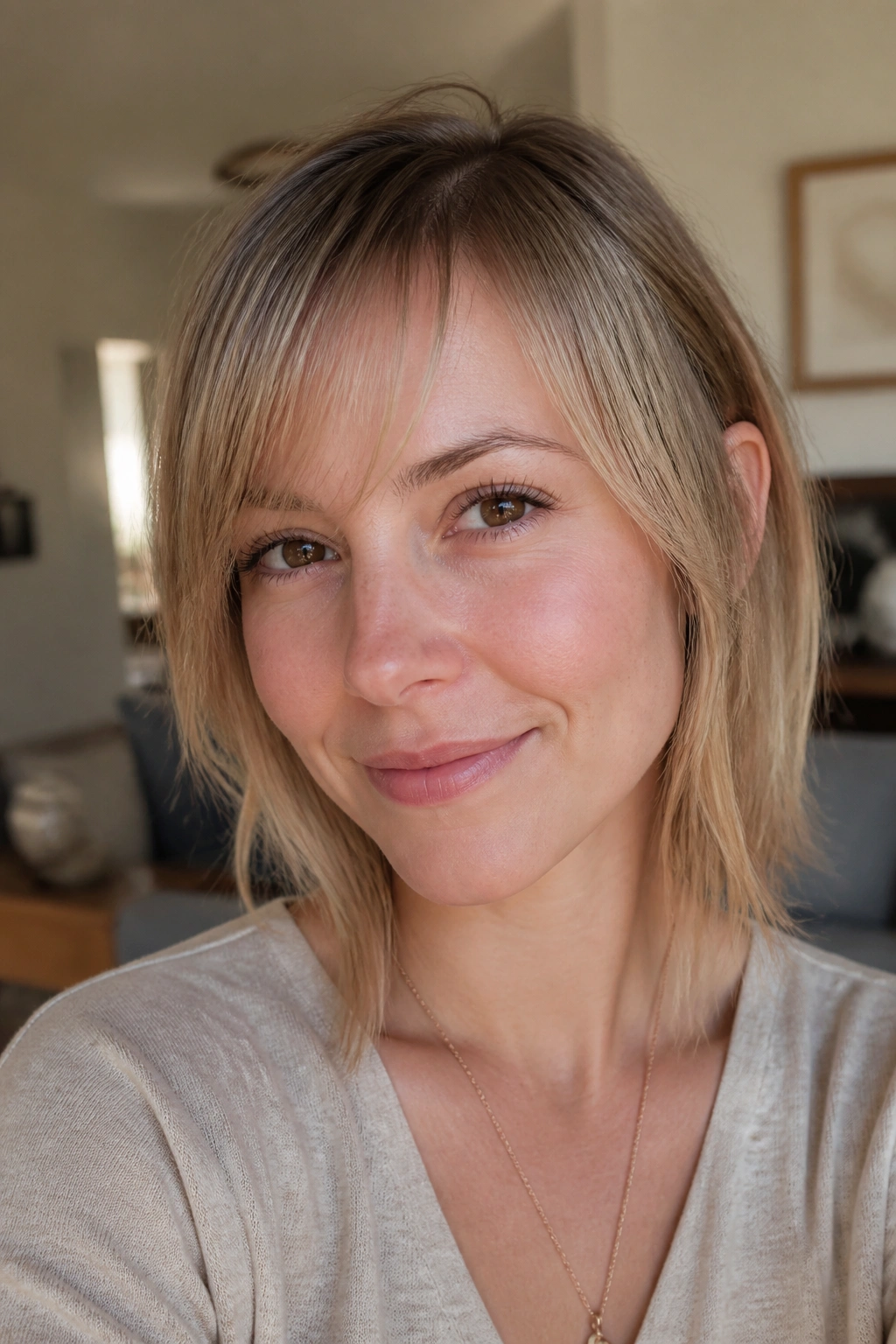 Close-up portrait of a real woman with a feather-thin bang on fine hair