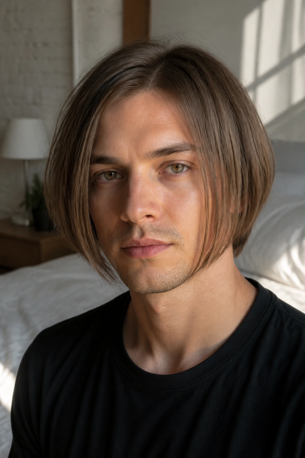 Man with fine-hair inverted bob highlighting perimeter and subtle density.