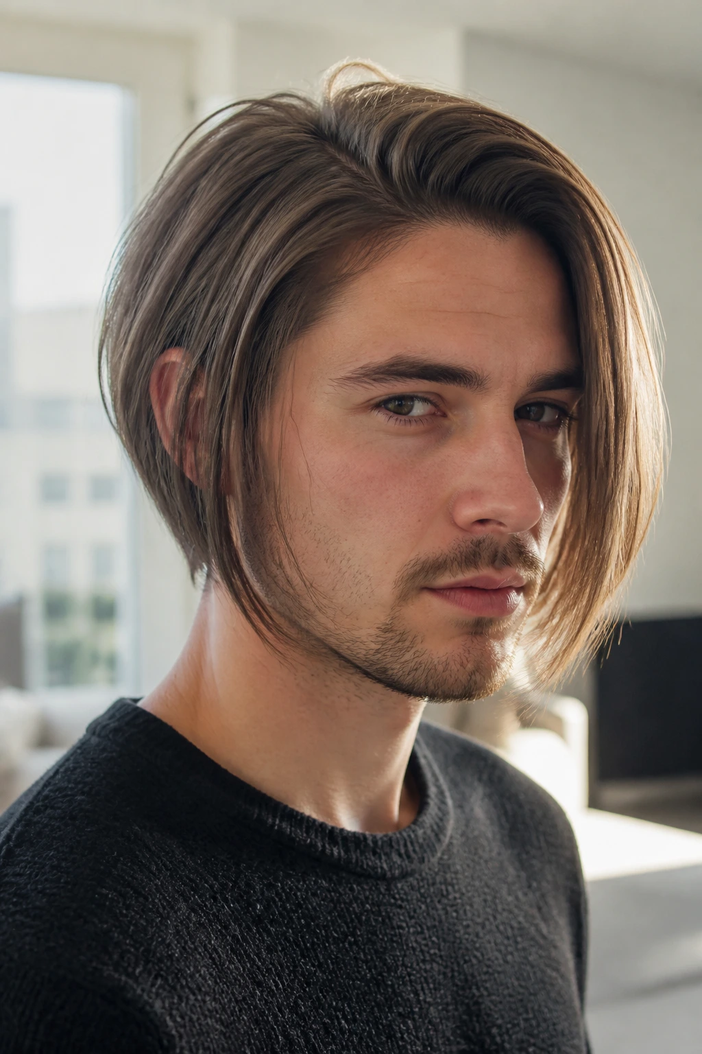 Close-up of a man with fine-hair inverted bob and subtle volume in bright room