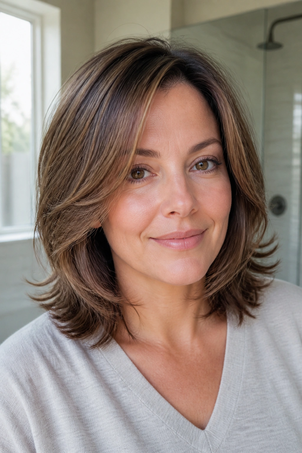 Real woman with fine-hair layered cut and light internal shape