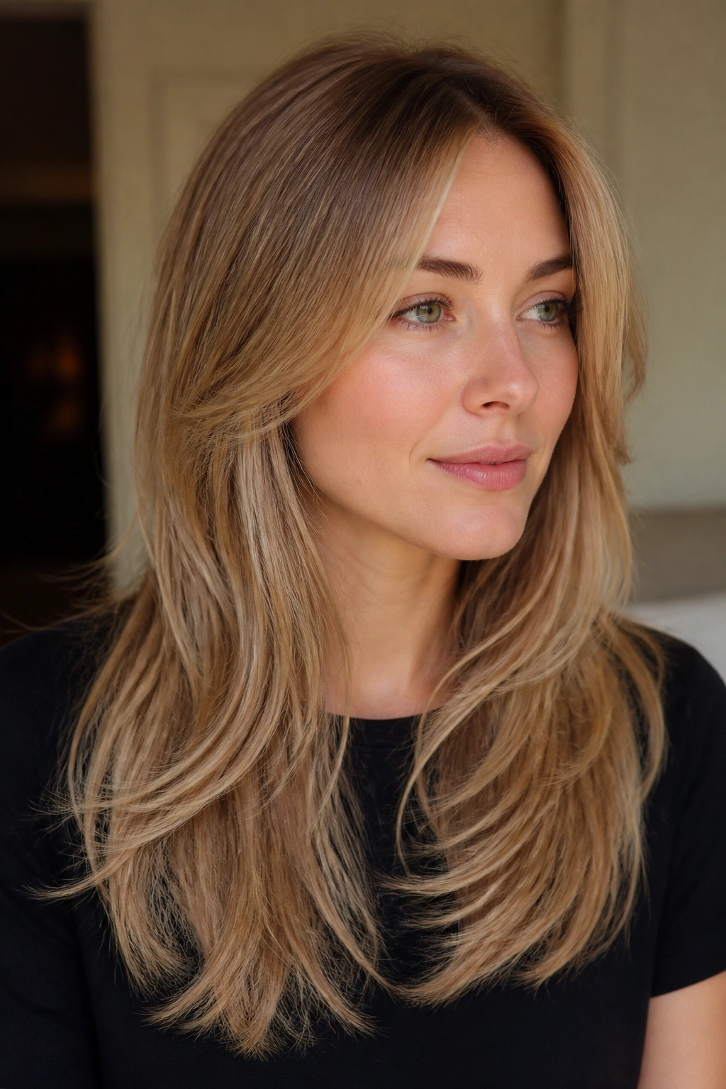 Close-up portrait of a real person with fine hair layered to keep ends full