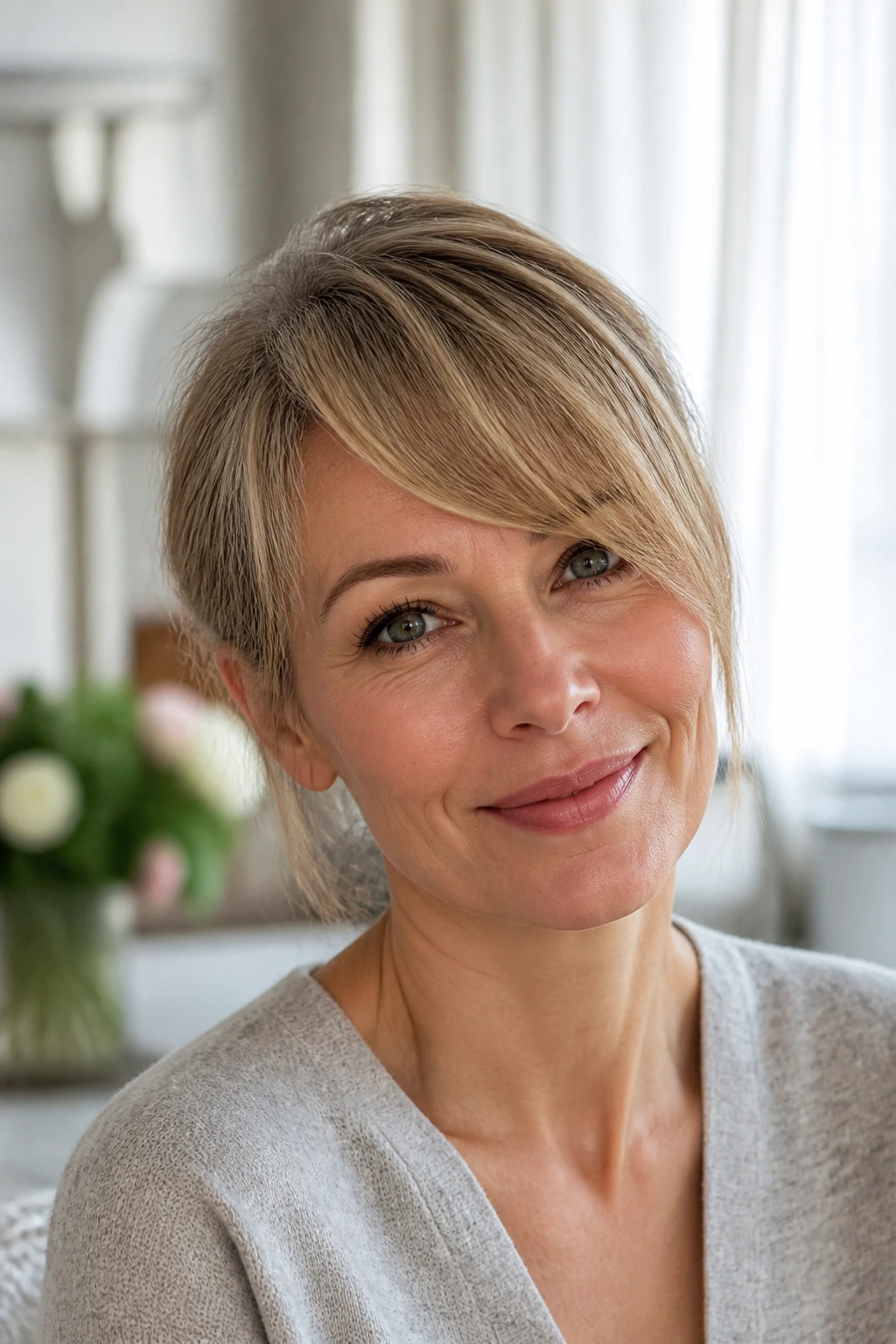 Close-up of a real woman with fine hair styled into light side bangs with lift