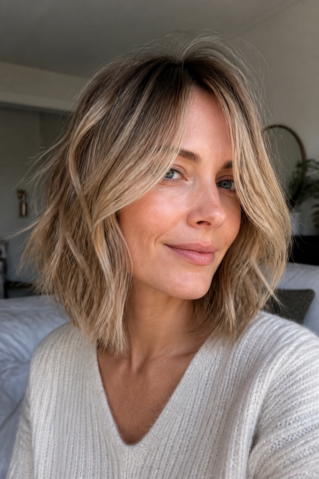 Close-up portrait of a real woman with fine-hair messy lob showing soft texture and healthy perimeter