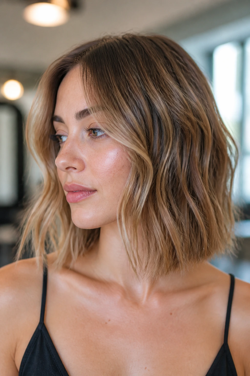 Close-up of a real person with fine-hair lob showing internal texture and clean edge