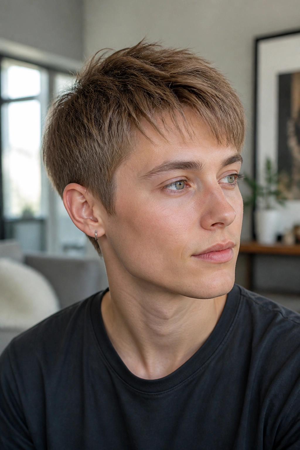 Close-up portrait of a real person with a fine hair pixie and light layers in bright room light