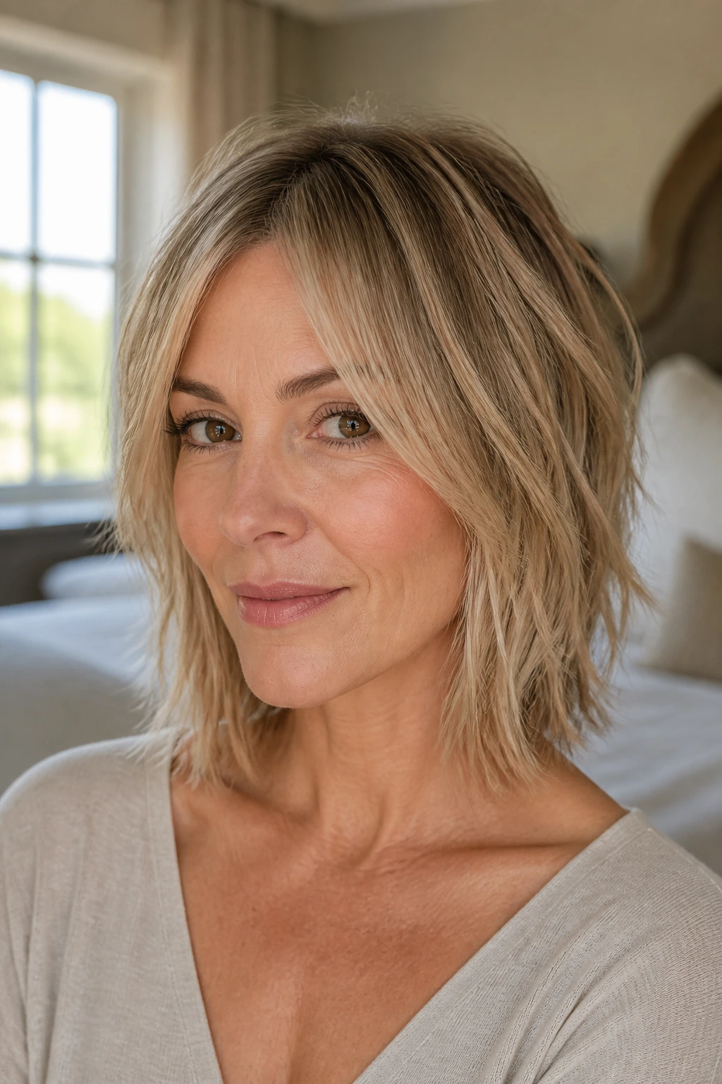 Close-up portrait of a real woman with fine-hair shag lob showing subtle interior layers and heavier perimeter in natural daylight.