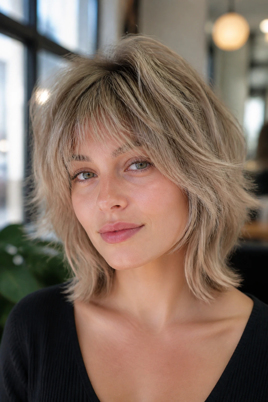 Close-up portrait of a real person with fine hair shag and root lift at crown