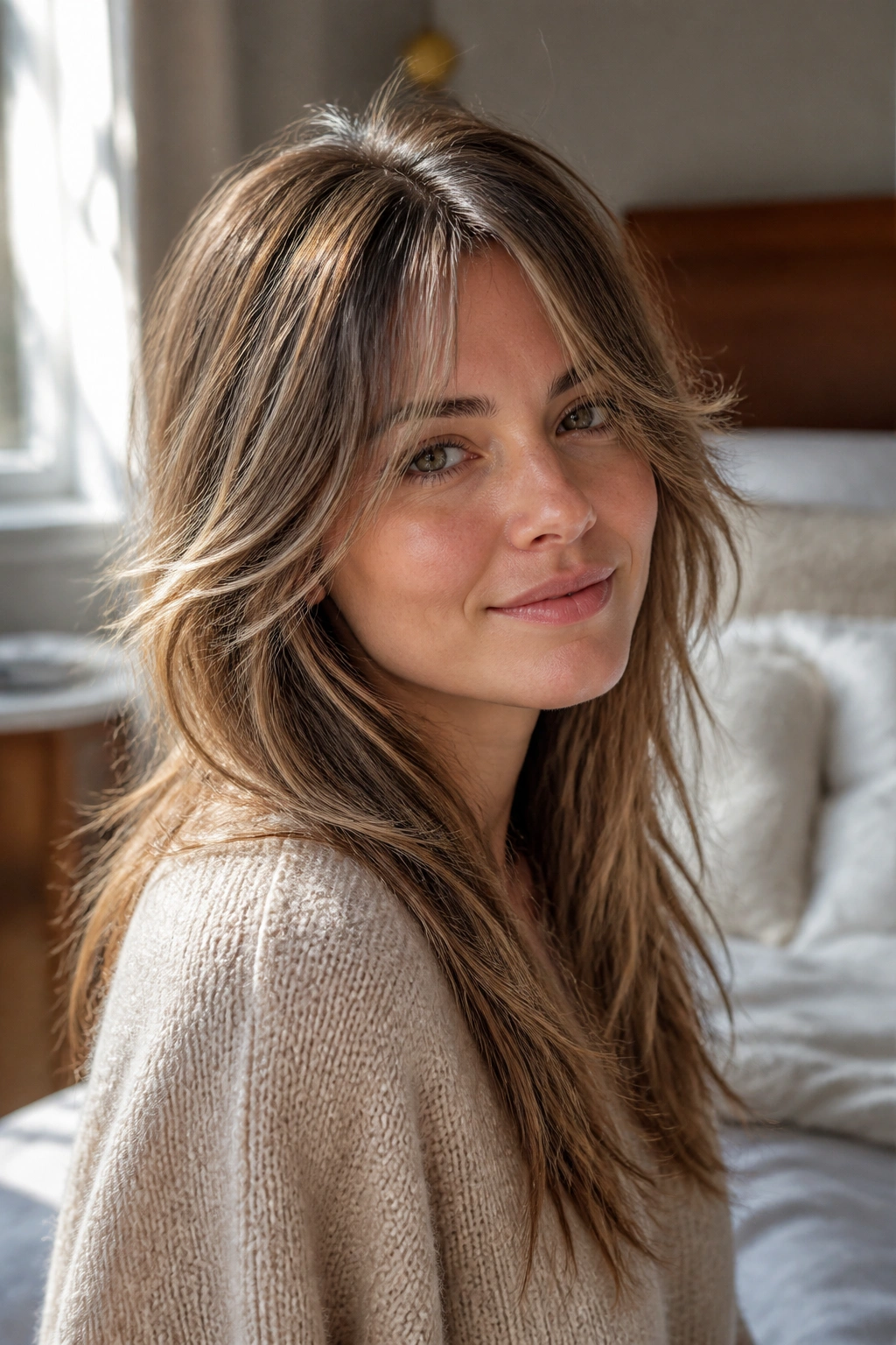 Real woman with fine-hair shag and crown root lift in warm morning light.