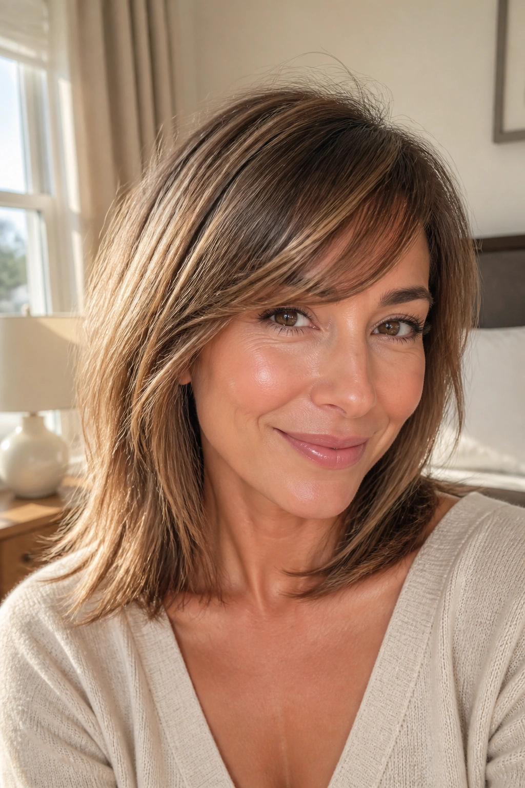 Real-woman close-up with fine, airy side bangs in sunlit room