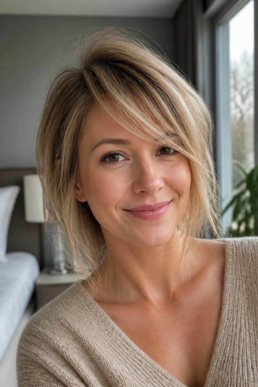 Real woman with airy lift in fine hair side bangs and root lift