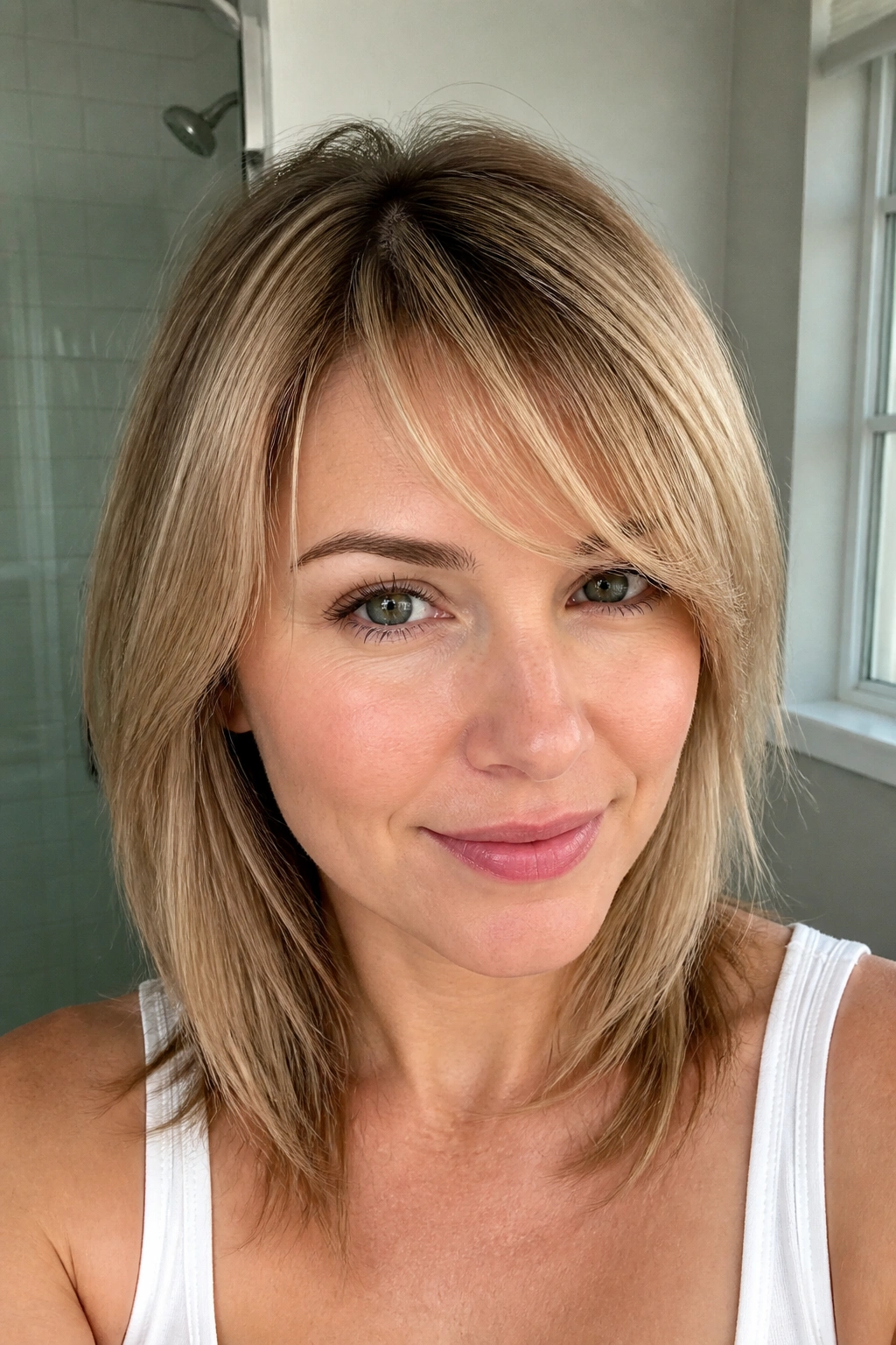 Close-up portrait of a real woman with a light side fringe on fine hair