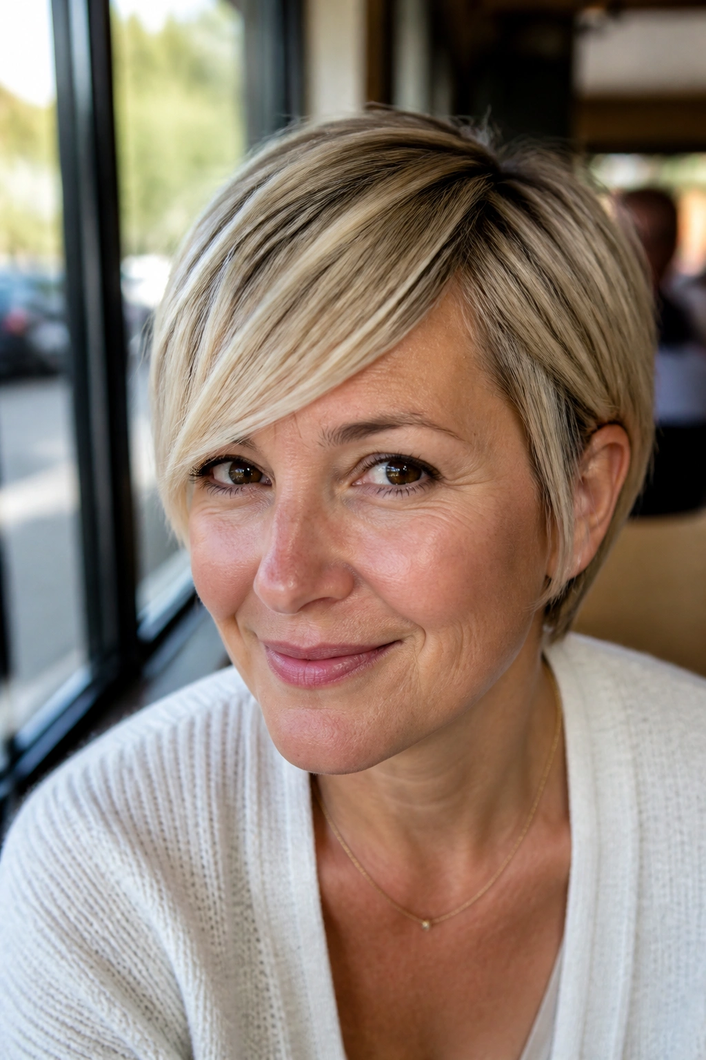 Close-up of a real woman with fine hair and side sweep in cafe window light