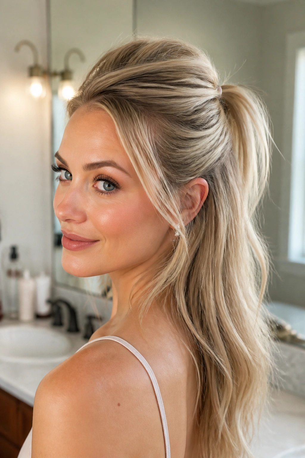 Close-up of a real woman with fine hair styled into a teased crown half-up ponytail.