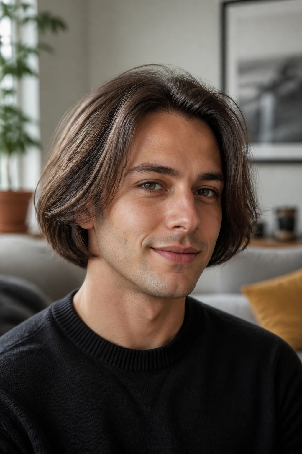 Close-up portrait of a man with a fine-hair volume bob
