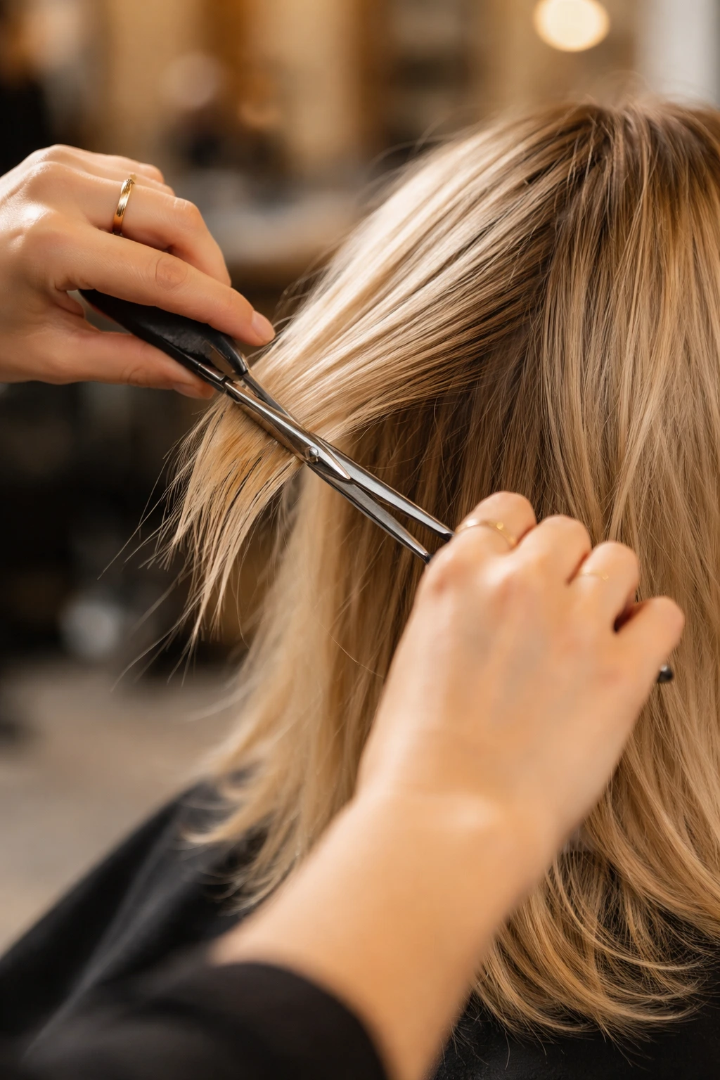 Close-up of a stylist performing point-cutting on fine hair for volume in a real salon